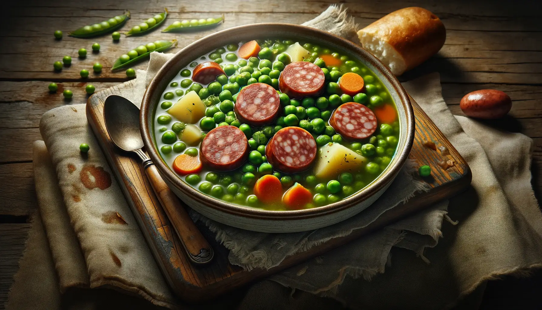 Гороховый суп с охотничьими колбасками и зеленью